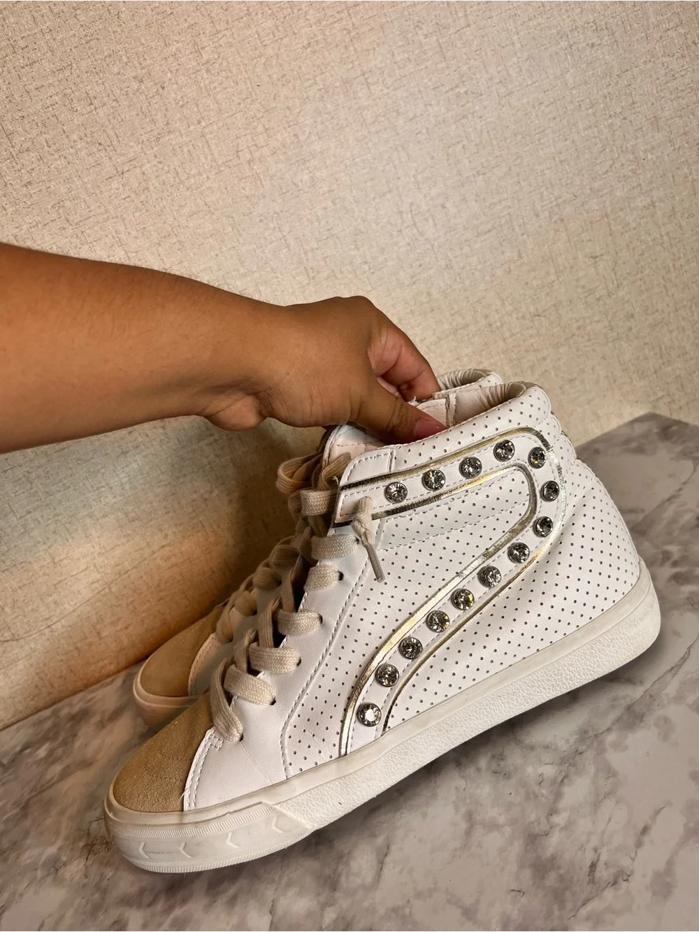 Vintage Cream & White High-Top Sneakers with Stud Accents